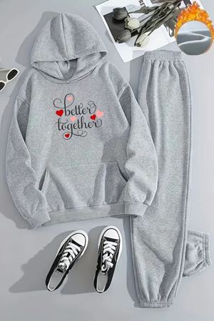 Unisex BETTER KALP Baskılı Kapüşonlu Gri Eşofman Takımı - Kışlık Şardonlu Kumaş