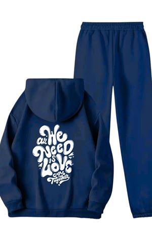 Unisex Lacivert WE NEED LOVE SIRT Baskılı Eşofman Kapüşon- Kışlık Şardonlu Kumaş