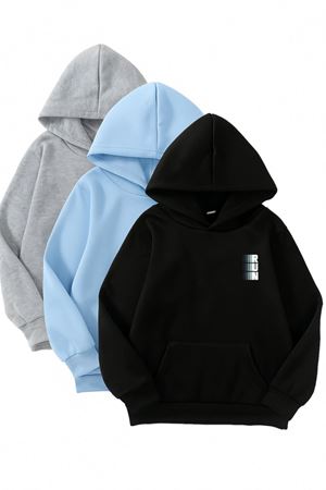 3'lü Kapüşonlu Sweatshirt Seti- Minimal Run Baskılı- Siyah, Bebe Mavi, Gri - Kışlık Şardonlu Kumaş