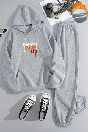 Unisex NEVER GİVE UP Baskılı Kapüşonlu Gri Eşofman Takımı - Kışlık Şardonlu Kumaş