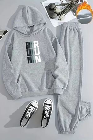 Unisex RUN Baskılı Kapüşonlu Gri Eşofman Takımı - Kışlık Şardonlu Kumaş
