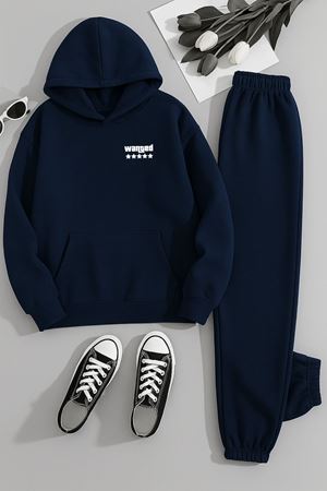 Unisex WANTED Baskılı Kapüşonlu Lacivert Eşofman Takımı - Kışlık Şardonlu Kumaş