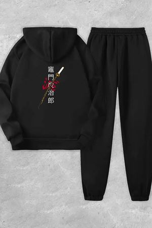 Unisex Siyah Japon Kılıç Baskılı Eşofman Kapüşon- Kışlık Şardonlu Kumaş