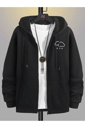 Bulut Şimşek Fermuarlı Hırka Sweatshirt - Siyah Baskılı Oversize Kışlık Kalın Kapüşonlu