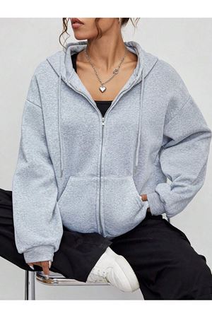 Baskısız Fermuarlı Hırka Sweatshirt - Gri Oversize Kışlık Kalın Kapüşonlu