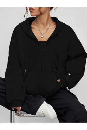 Baskısız Fermuarlı Hırka Sweatshirt - Siyah Oversize Kışlık Kalın Kapüşonlu