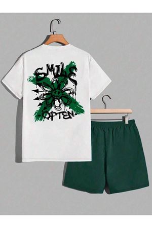 Smile Often T-Shirt Şort - Beyaz Yeşil Alt Üst Takım Şort Tişört Kombin Baskılı Bisiklet Yaka