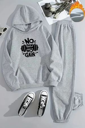 Unisex NO PAİN NO GAİN Baskılı Kapüşonlu Gri Eşofman Takımı - Kışlık Şardonlu Kumaş
