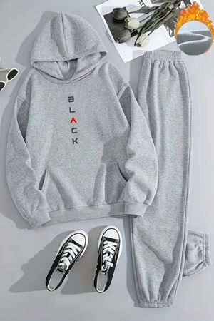 Unisex BLACK DİKEY Baskılı Kapüşonlu Gri Eşofman Takımı - Kışlık Şardonlu Kumaş