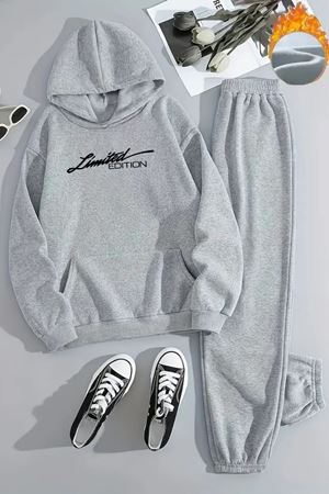 Unisex LIMITED EDITION Baskılı Kapüşonlu Gri Eşofman Takımı - Kışlık Şardonlu Kumaş