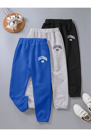 3'lü California Eşofman Altı Jogger - Sax Mavi Gri Siyah Lastik Paça Yüksel Bel