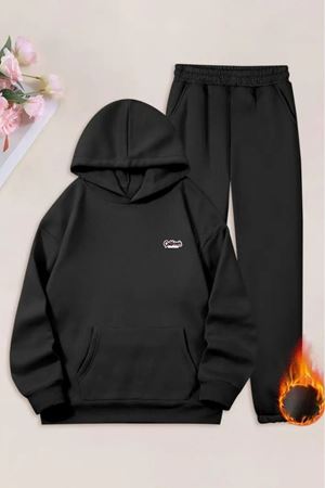 Unisex Siyah Mini California KS Baskılı Eşofman Kapüşon- Kışlık Şardonlu Kumaş