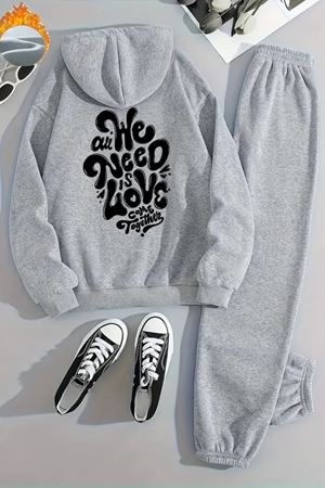 Unisex WE NEED Baskılı Kapüşonlu Gri Eşofman Takımı - Kışlık Şardonlu Kumaş