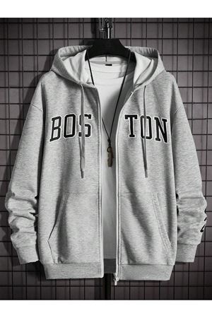 Bos Ton Fermuarlı Hırka Sweatshirt - Gri Baskılı Oversize Kışlık Kalın Kapüşonlu