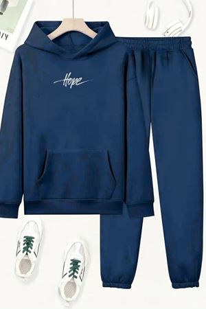 Unisex Lacivert HOPE Baskılı Eşofman Kapüşon- Kışlık Şardonlu Kumaş