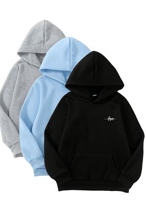 3'lü Kapüşonlu Sweatshirt Seti- Minimal Hope Baskılı- Siyah, Bebe Mavi, Gri - Kışlık Şardonlu Kumaş
