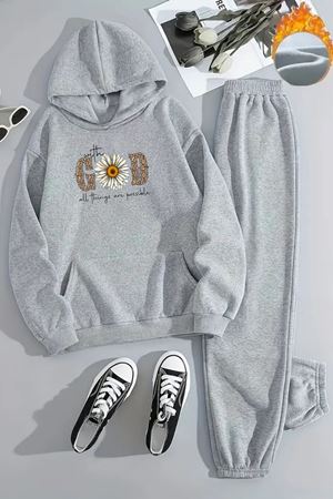 Unisex GOD LEOPAR PAPATYA Baskılı Kapüşonlu Gri Eşofman Takımı - Kışlık Şardonlu Kumaş