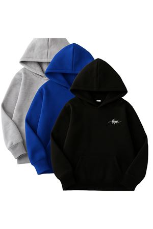 3'lü Kapüşonlu Sweatshirt Seti- Minimal Hope Baskılı- Siyah, Saks Mavi, Gri - Kışlık Şardonlu Kumaş