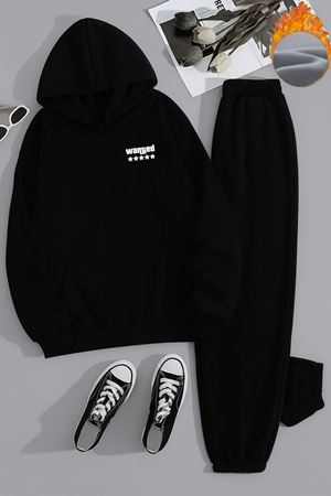 Unisex WANTED Baskılı Kapüşonlu Siyah Eşofman Takımı - Kışlık Şardonlu Kumaş