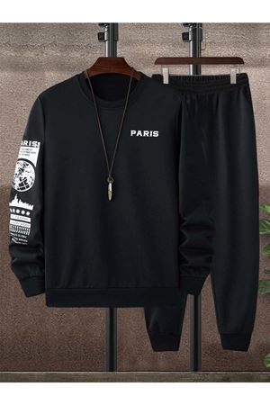 Paris Web Eşofman Takımı Sweatshirt Jogger - Siyah Baskılı Oversize Şardonlu Bisiklet Yaka