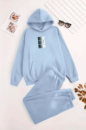 Unisex Kapüşonlu BebeMavi Eşofman Takımı RUN Baskılı- Kışlık Şardonlu Kumaş