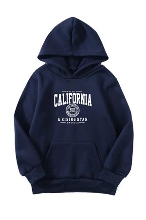 Unisex Oversize Şardonlu Kışlık California Baskılı Kapüşonlu Sweatshirt - Lacivert