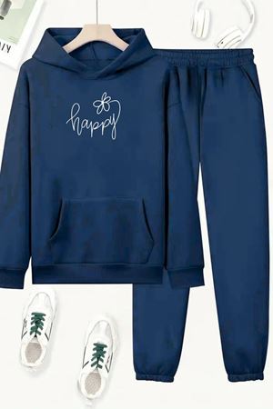 Unisex Lacivert HAPPY Baskılı Eşofman Kapüşon- Kışlık Şardonlu Kumaş