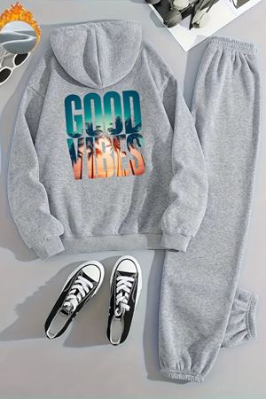 Unisex GOOD VBS ARKA Baskılı Kapüşonlu Gri Eşofman Takımı - Kışlık Şardonlu Kumaş