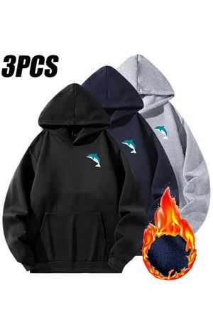 3'Lu Kapüşonlu Minimal Yunus Baskılı Sweatshirt Seti-Siyah-Gri-Lacivert, Şardonlu Kalın Kumaş