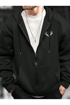 Geyik Boynuz Fermuarlı Hırka Sweatshirt - Siyah Baskılı Oversize Kışlık Kalın Kapüşonlu