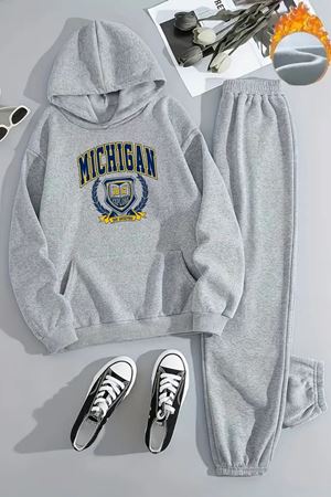 Unisex 1817 MICHIGAN Baskılı Kapüşonlu Gri Eşofman Takımı - Kışlık Şardonlu Kumaş