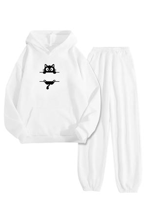Beyaz Eşofman Takımı – Çizgi Kedi Baskılı, Kapüşonlu Sweatshirt ve Jogger Pantolon