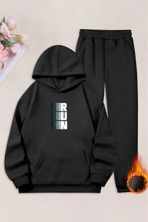 Unisex Siyah RUN Baskılı Eşofman Kapüşon- Kışlık Şardonlu Kumaş