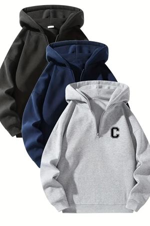 Unisex Fermuarlı Kapüşonlu Oversize C Baskılı Sweatshirt – Siyah / Lacivert / Gri