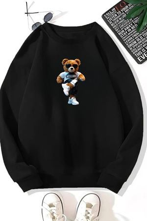 Unisex Siyah MOSCHİNO Baskılı Bisiklet Yaka Sweatshirt- Kışlık Şardonlu Kumaş