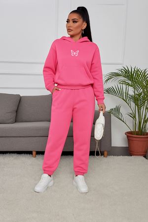 Çift Kelebek Eşofman Takımı Sweatshirt Jogger - Pembe Baskılı Oversize Şardonlu Kapüşonlu