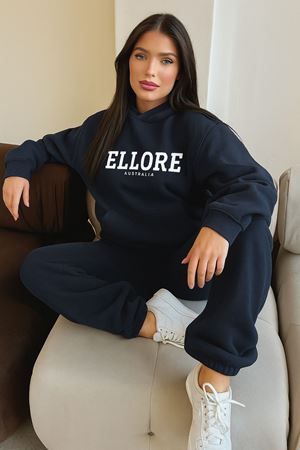 Ellore Australia Eşofman Takımı Sweatshirt Jogger - Lacivert Baskılı Oversize Şardonlu Kapüşonlu