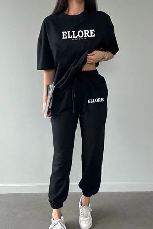 Ellore T-shirt Eşofman Altı Jogger- Siyah Baskılı Alt Üst Eşofman Takımı Oversize Bisiklet Yaka