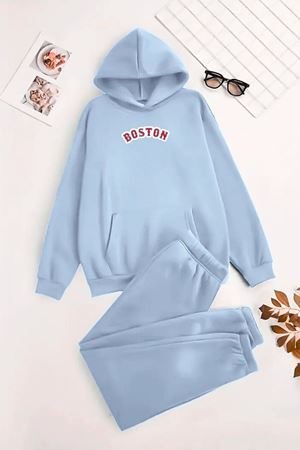 Unisex Kapüşonlu BebeMavi Eşofman Takımı BOSTON KIRMIZI Baskılı- Kışlık Şardonlu Kumaş