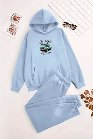 Unisex Kapüşonlu BebeMavi Eşofman Takımı VİNTAGE CAR Baskılı- Kışlık Şardonlu Kumaş