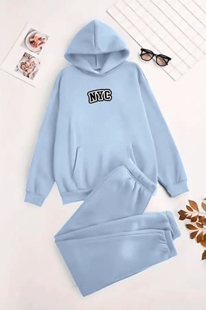 Unisex Kapüşonlu BebeMavi Eşofman Takımı NYC Baskılı- Kışlık Şardonlu Kumaş