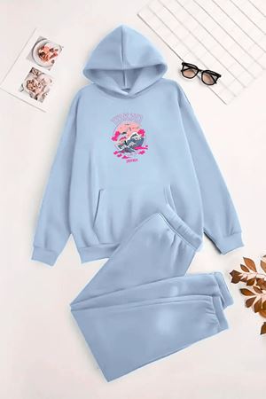 Unisex Kapüşonlu BebeMavi Eşofman Takımı TOKYO JAPON Baskılı- Kışlık Şardonlu Kumaş