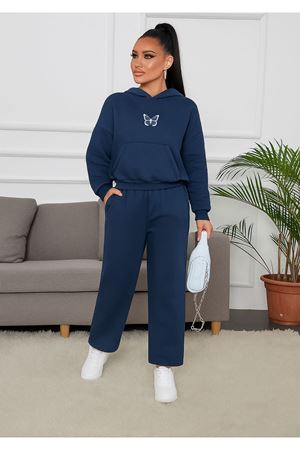 Çift Kelebek Eşofman Takımı Sweatshirt Jogger - Lacivert Baskılı Oversize Şardonlu Kapüşonlu
