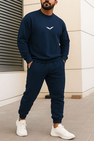 Wings Eşofman Takımı Sweatshirt Jogger - Lacivert Baskılı Oversize Şardonlu Bisiklet Yaka