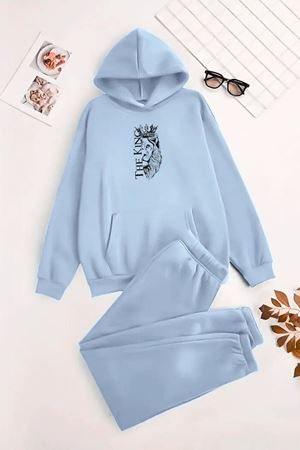 Unisex Kapüşonlu BebeMavi Eşofman Takımı THE KİNG Baskılı- Kışlık Şardonlu Kumaş