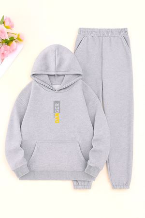 Unisex Gri Danger Baskılı Eşofman Kapüşon- Kışlık Şardonlu Kumaş