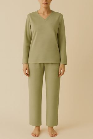 Kadın Ottoman Kumaş V Yaka Uzun Kollu Geniş Paça Alt-Üst Takım