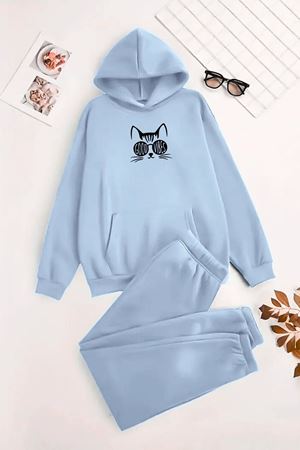 Unisex Kapüşonlu BebeMavi Eşofman Takımı GOOD VİBES CAT Baskılı- Kışlık Şardonlu Kumaş