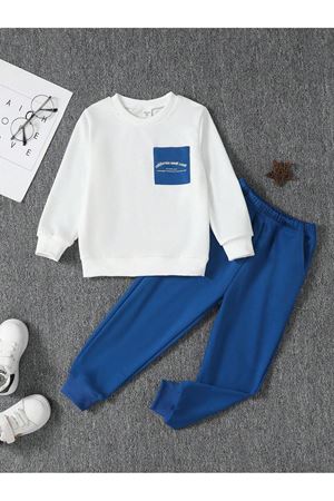 California Pamuk Çocuk Takım - Beyaz Sweatshirt Sax Jogger Baskılı Kız Erkek Çocuk Bisiklet Yaka