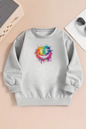 Unisex RENKLİ GÜLEN YÜZ Baskılı Gri Bisiklet Yaka Sweatshirt-Kışlık Şardonlu Kumaş